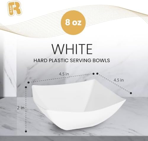 R-kay 6 Pack Square Plastic Serving Bowls - White Small Plastic bowls 8 oz, Premium White Bowls For Weddings Catering And Birthday parties