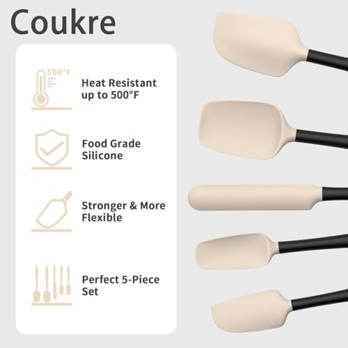 Coukre Silicone Spatula Set of 5,High Temperature Resistant, Food Grade Silicone, Dishwasher Safe, for Baking, Cooking (Beige Black)