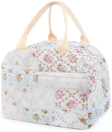 Cotton Quilted Insulated Lunch Bag, Reusable Quilted Floral Lunch Tote Bags