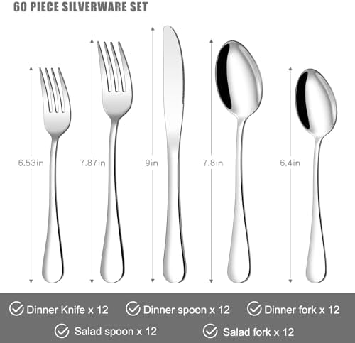 Compralo Silverware Set for 12, Stainless Steel 60 Piece Flatware Set