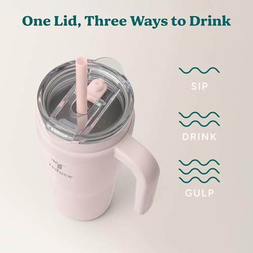 REDUCE 24 oz Stainless Steel Tumbler with Handle - Dual-Wall Vacuum Insulated Travel Mug, Sweat-Proof Lid & Reusable Straw - Keeps Drinks Cold for 24 Hrs, Fits Cupholders, Dishwasher Safe-Pink Cotton