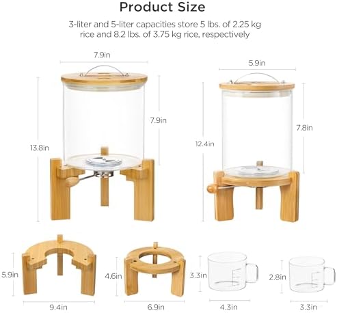 HBlife Glass Rice Dispenser with Wooden Stand Flour and Cereal Container with Glass Measuring Cup Pantry Food Organization Storage Bin with Airtight Bamboo Lid, 3L+5L