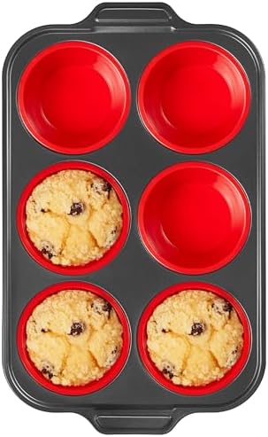BRONYPRO Jumbo Silicone Muffin Pan with Metal Frame, 3.5" Large Muffin Tins, Non-Toxic Food Grade Silicone, Non-Stick for Egg Bites & Big Cupcakes, Oven Safe, Red