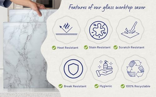 Kitchenville Glass Cutting Board 16"x12": Tempered Glass Kitchen Counter Protector - Durable- Scratch-Resistant, Heat-Proof - Design 3 - Grey Marble Effect
