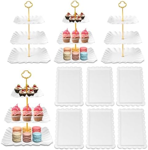 10 Pack Dessert Table Display Set, 4 Three-Tier Square Cupcake Stands and 6 Serving Trays for Cakes, Cupcakes, Pastries and Snacks, Baby Shower Decorations, Bridal Shower, Birthday, Wedding Party