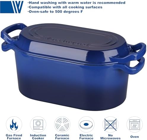 VORRINGARD Oval Dutch Oven Pot with Lid, Enamel Coating Cast Iron Bread Pans for Homemade Sourdough Bread Baking, Cooking, 4 Quart, Blue