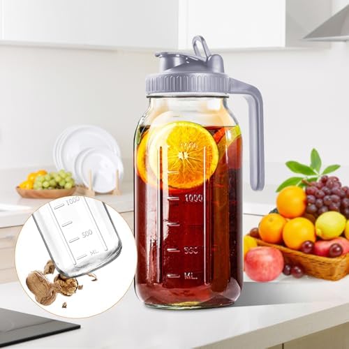 64oz Glass Pitcher with Lid, 2 Quart Mason Jar Pitchers with Lid and Spout, Wide Mouth Breast Milk Pitcher Glass Jug Sun Tea Pitchers, Cold Brew Coffee pitcher, Fridge Container for Water, Juice, Tea