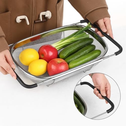 Premium Quality Over The Sink Stainless Steel Oval Colander with Fine Mesh 6 Quart Strainer Basket & Expandable Rubber Grip Handles - Strain, Drain, Rinse Fruits, Vegetables1 (1)