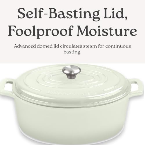 ROSSALLINI Signature Enameled Cast Iron Oval Dutch Oven | Non-Stick Serving Pot with Tight Fitting Lid for Perfect Roasting, Baking, Sauteing, and Bread Making | 5Q [Cream]