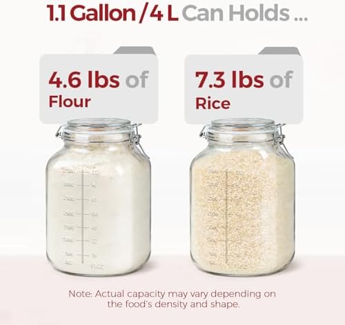 Large Glass Jars with Airtight Lids 1.1 Gallon 2 Pack Flour Jar