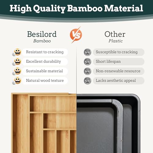 Bamboo Expandable Silverware Drawer Organizer, 11 Slots Utensil Holder