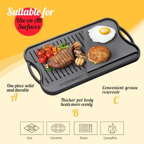 OVERMONT 17" x 9.8" Reversible Cast Iron Griddle, Double Burner Pan