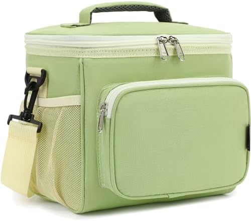 FlowFly Insulated Reusable Lunch Bag Adult Large Lunch Box for Women and Men with Adjustable Shoulder Strap,Front Zipper Pocket and Dual Large Mesh Side Pockets,Light Matcha