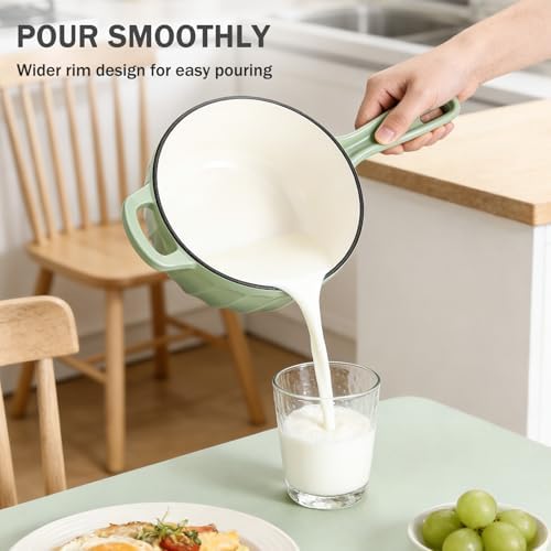 Enameled Cast Iron Sauce Pan, 2 Quart Saucepan with Lid, Small Cast Iron Pot Enamel Saucepan for Cooking Pasta Sauce, Gravy, Puddings, Marinate, Boiling (Fig Green)