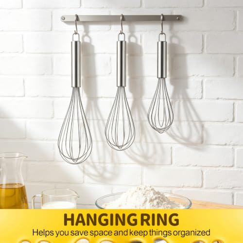 Ninsula 3 Pack Stainless Steel Whisk, 8" 10" 12" Thicken Heavy Duty Whisk Set, Food Grade Kitchen Wire Whisks for Cooking, Whisking, Blending, Stirring