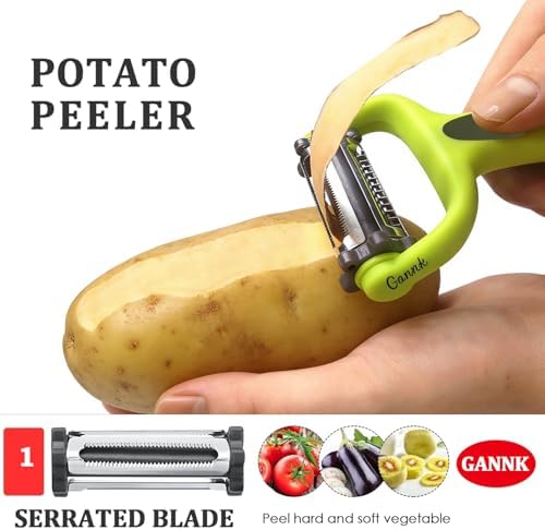 GANNK Potato Apple Vegetable Peelers for Kitchen, I and Y Peelers for Fruit Veggie Potatoes Carrot Cucumber, 3 in 1 Blade Spin Design With Julienne Multifunctional