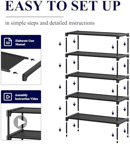 Kitsure Shoe Rack - Non-Woven Shoe Rack Shelf, Shoe Organizer for Closet, Entryway, Garage & Corridor, Stackable Shoe Shelves, 27.5" Wide - 5 Tier, Black