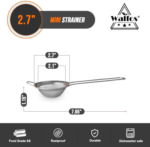 Walfos Mini Fine Mesh Tea Strainer, Stainless Steel Small Sifter with Sturdy Handle, 2.7 Inch Kitchen Metal Sieve for Tea, Coffee, Cocktail, Juice, Sugar and Spices
