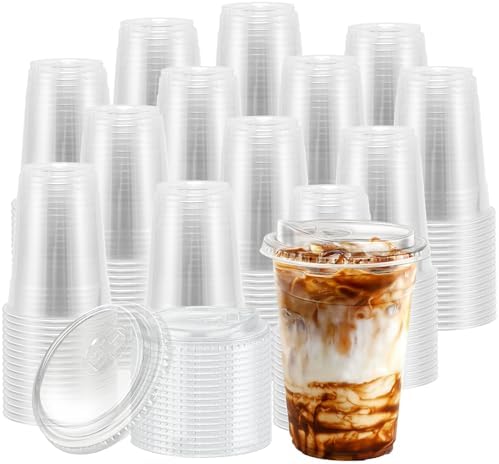 BYSNOW 16 oz 500 Pack Clear Plastic Cups with Sip Lids, Iced Coffee Cups