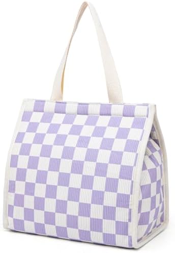 Insulated Lunch Bag for Work, 10.2"x5.9"x10.2" Oxford Waterproof Lunch Tote, Thermal Lunch Box for Office, Picnic & Outdoor, Striped Canvas Tote Bag -Check Purple