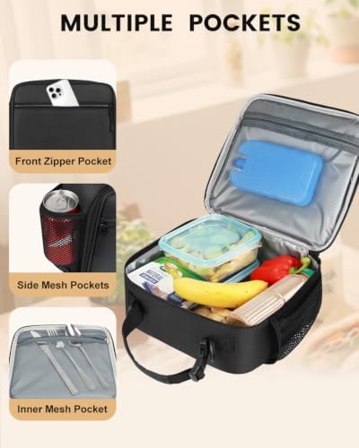 Insulated Lunch Box for Men Small, Black Mens Lunch Bag with Strap