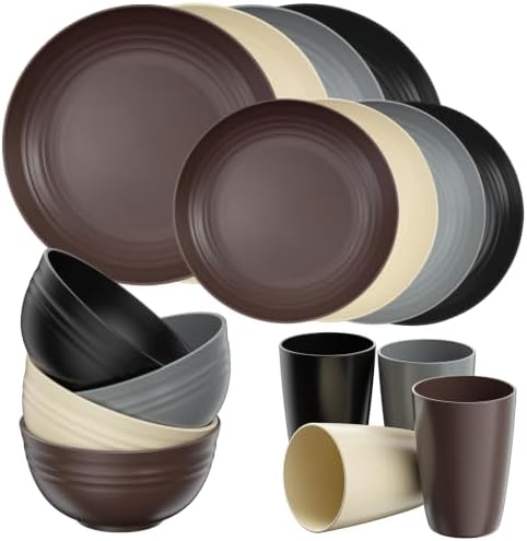 Quatish 16 Piece Plates and Bowl Set for 4, Dinnerware Dish Set for Kitchen