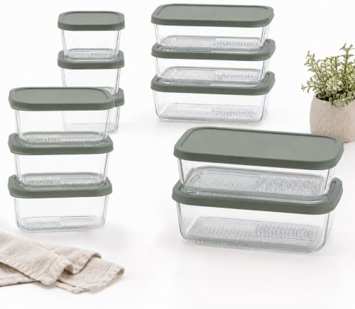 Glass Food Storage Containers with Lids - 22 Piece - 10.5 oz, 17.6 oz, 25.4 oz & 57.5 oz Sets Glass with BPA-Free Leak Resistant Stackable Lids - Microwave, Oven & Dishwasher Safe - Ideal - Soft Sage