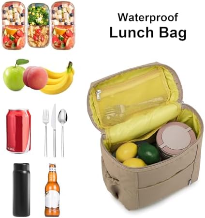 NOL Insulated Lunch Bags for Women Cooler Bag Lightweight Nylon Waterproof Lunch Box for Work Khaki Large 12L