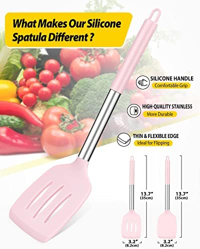 Pack of 2 Silicone Solid Turner, Non Stick Slotted Kitchen Spatulas, High Heat Resistant BPA Free Cooking Utensils, Ideal Cookware for Fish, Eggs, Pancakes(Pink)
