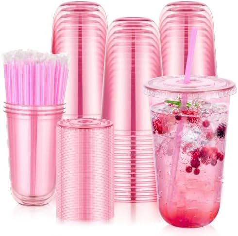 tchrules 100 Set 18oz Pink Plastic Disposable Cups with Lids and Straws