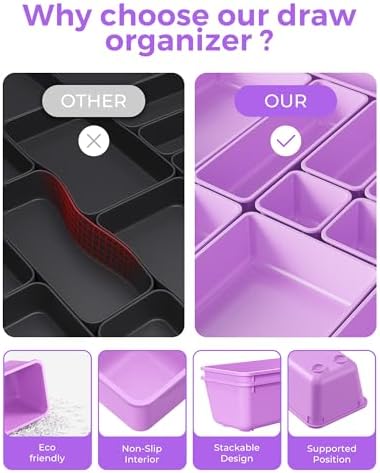 BiuLeon 25 PCS Plastic Drawer Organizers Set, 4-Sizes Vanity and Makeup Organizer, Desk and bathroom Drawer Organizer Trays, Organizers and Storage for Makeup, Jewelry, Gadgets, Utensils (Purple)