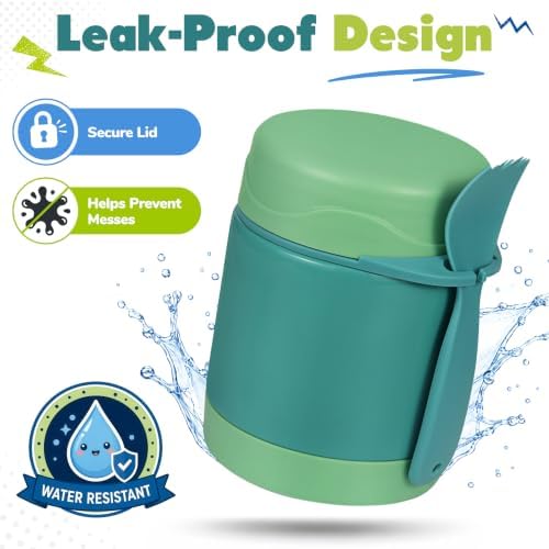 10oz Soup Thermo for Hot Food Kids,Lunch Thermo Kids Food Jar with Spoon Hot Insulated Food Containers,Leak Proof Stainless Steel Wide Mouth Lunch Thermo Jar for School(Green)