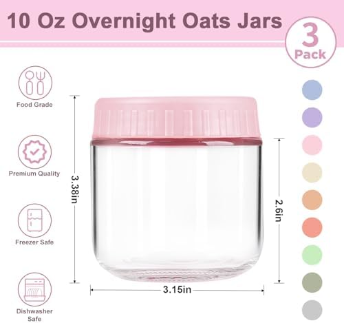 Overnight Oats Containers with Lids, 10oz Wide Mouth Mason Jars with Lids, 3 Pack Glass Jars with Airtight lid for Chia Pudding Yogurt Salad, Meal Prer Oatmeal Jars, Pink
