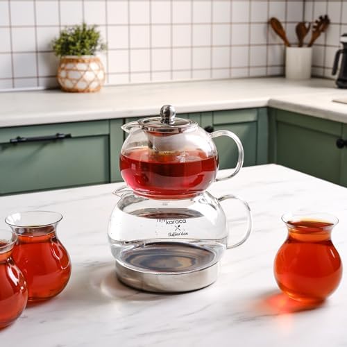 Karaca Refika Borosilicate Glass Teapot Set with Stainless Steel Tea Strainer, 1.5 L Kettle & 0.6 L Glass Teapot with Strainer, Turkish Tea Pot, Caydanlik