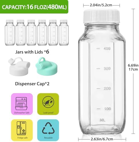 CUCUMI 6 Pack 16 Oz Glass Milk Bottles with Lids