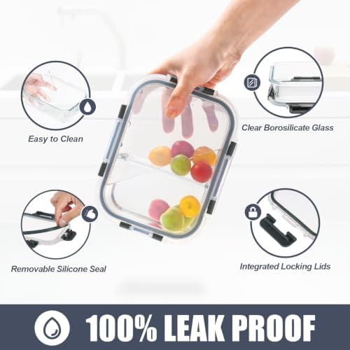 2 & 3 Compartment Glass Meal Prep Containers 6 Pack, 34oz Lunch Containers