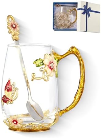 Flower Tea Cup,Clear Glass Fancy Coffee Mug with Spoon,Gift Box for Her Mom Wife Grandma Girls Friends Valentines Christmas Birthday Present Idea for Juice Milk Hot And Cold Drinks Use
