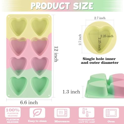 Sakolla 2 Pack 2.7″ Heart Cake Molds, 8 Cavity Silicone Baking Molds for Cake, Muffin, Egg Bites, Cupcake, Bread, Mousse (Green,Yellow,Pink)