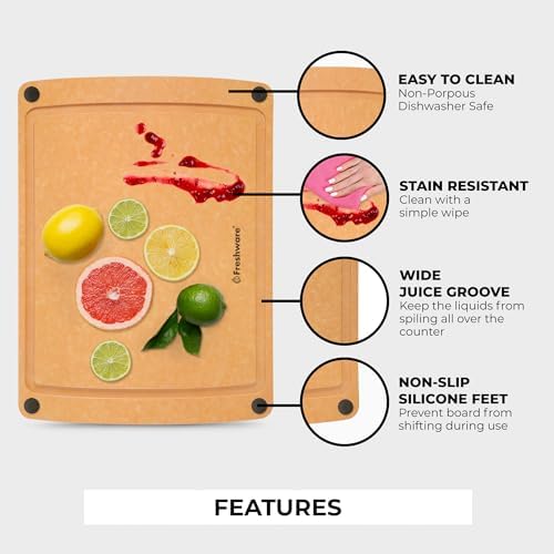 Freshware Wood Cutting Board for Kitchen, Juice Groove, Non-Slip Silicone Feet, Dishwasher Safe, 2X Large, 20" x 14", Natural