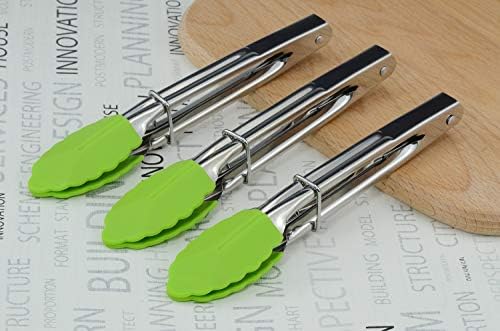 HINMAY 7" Mini Tongs with Silicone Tips, Set of 3 (Green)