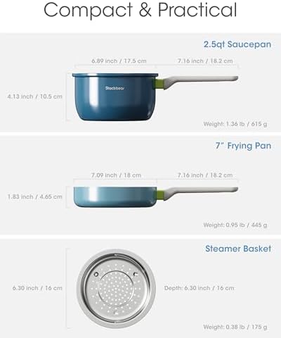 Ceramic Non Stick Sauce Pan, 2.5QT Saucepan with Frying Pan as Lid, Steamer Pot for Cooking, Induction Cookware Set, PTFE, PFOA & PFAS Free, Drak Blue