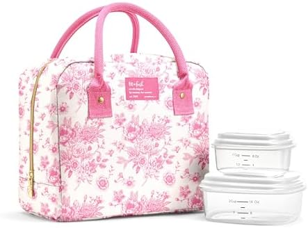Fit & Fresh Bloomington Lunch Bag for Women - Insulated Large Lunch Box for Work with Containers, Leak-Resistant, Stain-Resistant, Zipper Closure, Pink Floral Toile