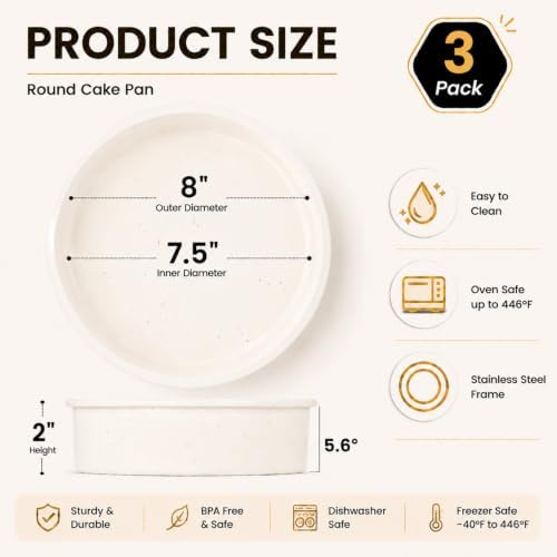 Vinino 8 Inch Silicone Cake Pan, 3 Pack Round Baking Mold with Metal Frame