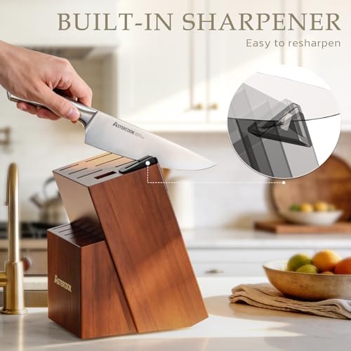 Astercook Knife Set, Kitchen Knives Set with Block and Sharpener Full Tang 15 Pcs Stainless Steel Knives, Dishwasher Safe Knife Set with Anti-Slip Ergonomic Handle, Walnut, Fathers Day Gift for Men