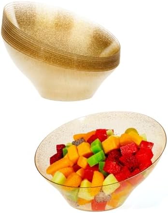 BESTVIP 20 Oz Clear with Gold Glitter Plastic Angled Serving Bowls, 12 Pack