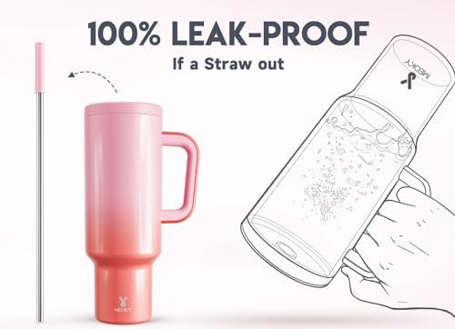 Meoky 50 oz Tumbler with Handle, Tumbler with Lid and Straw, Insulated Stainless Steel Travel Mug, 100% Leak-proof, Keeps Cold for 36 Hours or Hot for 12 Hours (Flamingo)