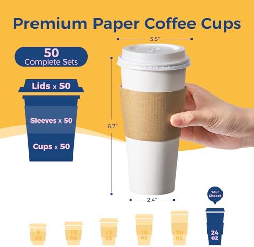 Fit Meal Prep 50 Pack 24 oz Disposable Coffee Cups with Lids, Sleeves, Leak-Proof To Go Coffee Cups with Lids, Durable Hot Paper Cups for Home, Office, Party, Business