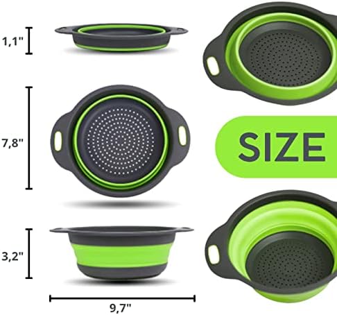 Small Collapsible Colander with Plastic Handles Round Silicone Kitchen Strainers Foldable Kitchen Strainer Perfect for Draining Pasta Vegetable and Fruit Green
