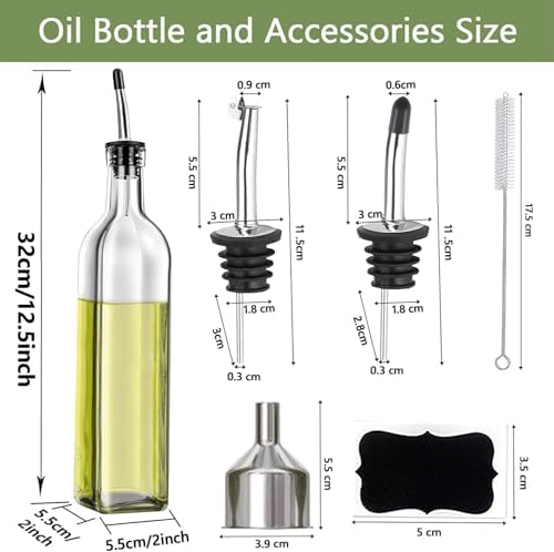 Leaflai Olive Oil Dispenser Bottle, 1 Pcs Glass Olive Oil Dispenser and Vinegar Dispenser Set with 2 Stainless Steel Pourers, 2 Labels,1 Brush and 1 Funnel Oil Bottles for Kitchen (500ml)