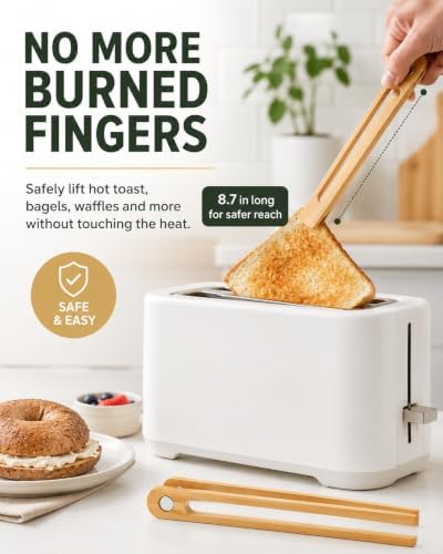 Magnetic Bamboo Toaster Tongs Set of 2, 8.7 Inch Natural Wood Toast Tongs, Eco-Friendly Kitchen Tongs for Toast, Bagels, Waffles, Serving, Space-Saving Kitchen Accessories